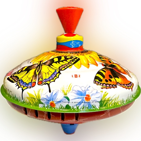 VTG RARE LBZ LORENZ BOLZ ZINDORF TIN TOP FLOWER BUTTERFLY W GERMANY BOLZ TOYS 8” - Picture 2 of 8